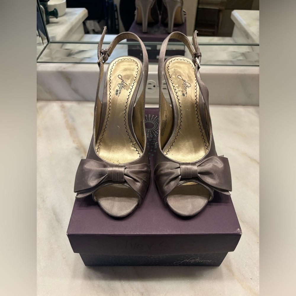 BP Platinum sling-back heels in satin silver. Sandals from Nordstrom.